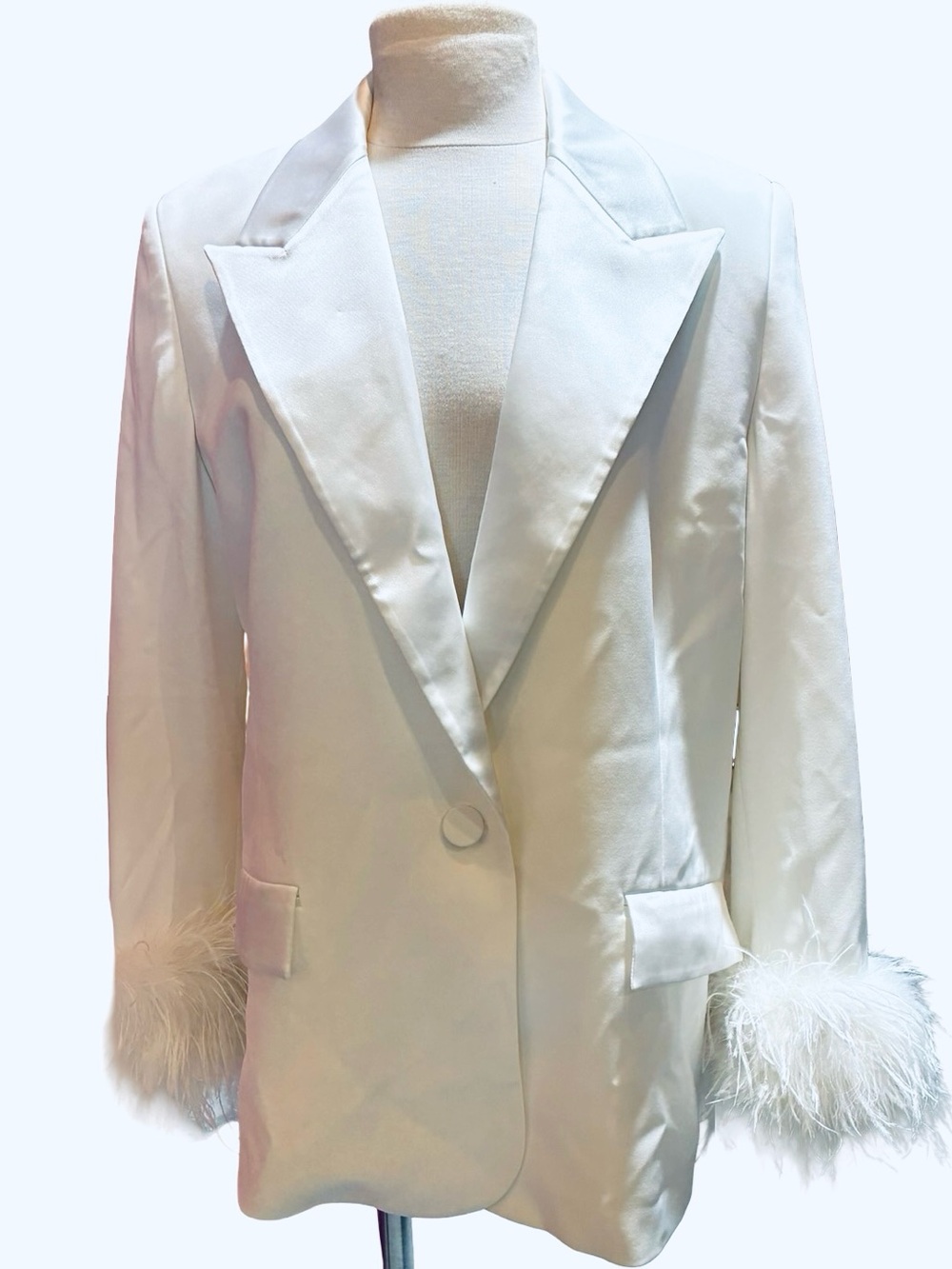 NADINE MERABI Ivory Satin Blazer with Feather Cuffs NWT